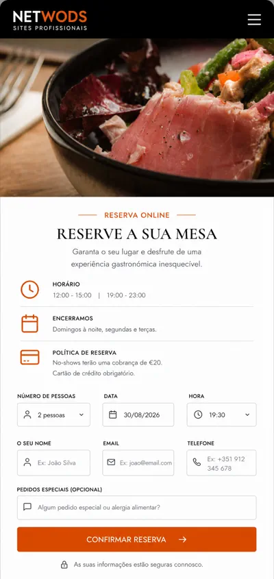 Página de reservas de restaurante em telemóvel