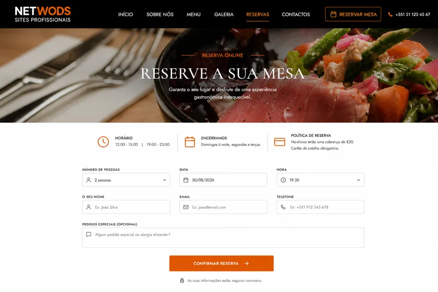 Página de reservas de website para restaurante