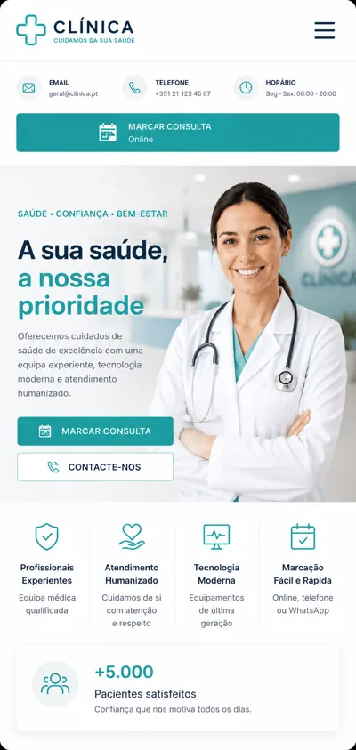 Página inicial de website para clínica em versão mobile