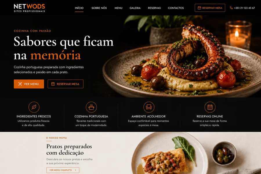 Página inicial de website para restaurante