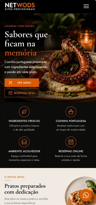 Página inicial de website para restaurante em telemóvel