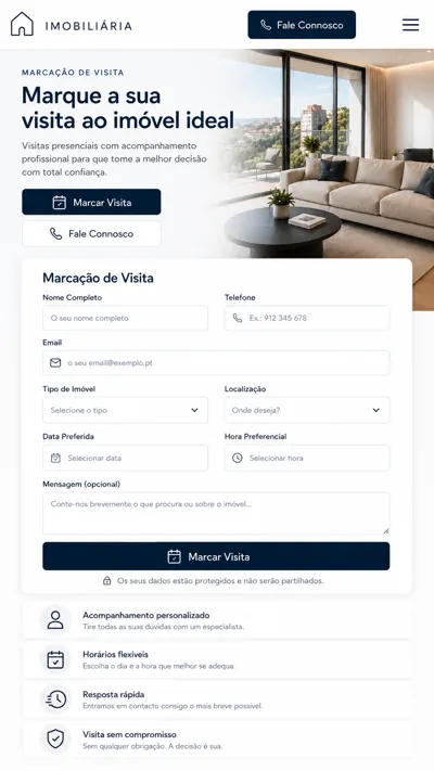Website para imobiliária – contactos e marcação de visita em telemóvel