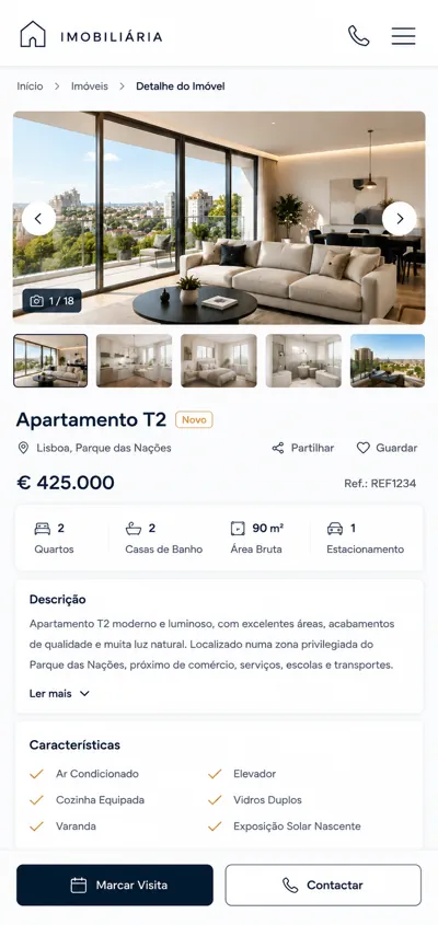 Website para imobiliária – detalhe de imóvel em telemóvel
