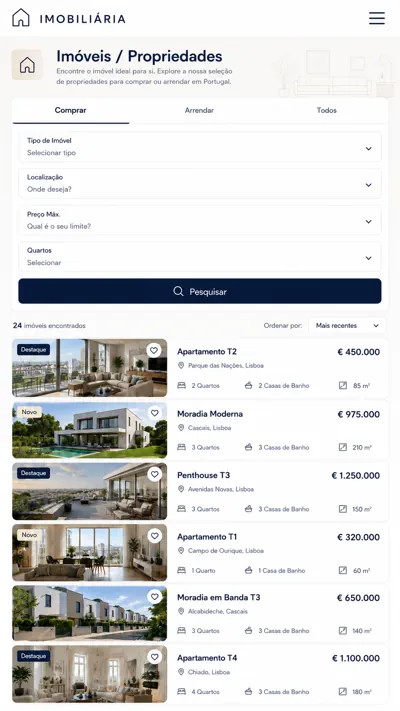 Website para imobiliária – página de imóveis em telemóvel