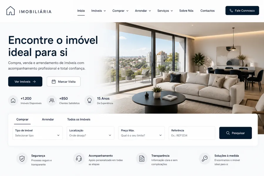 Website para imobiliária – página inicial em computador
