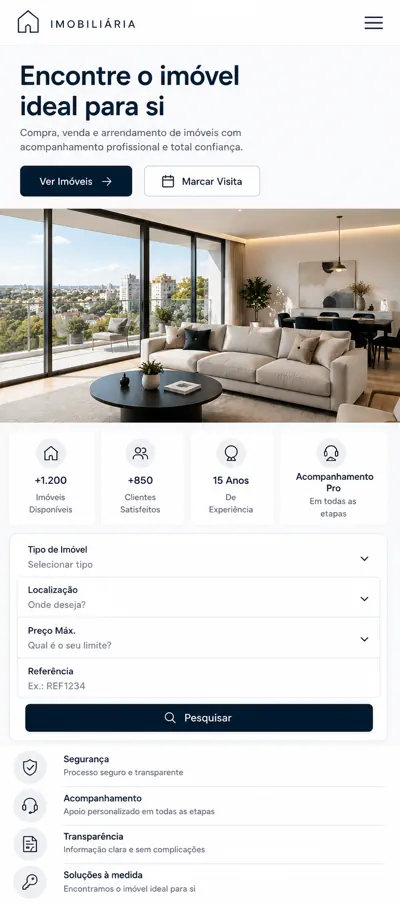 Website para imobiliária – página inicial em telemóvel