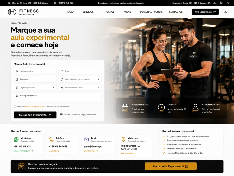 Website para ginásio e personal trainer – marcação de aula experimental em computador