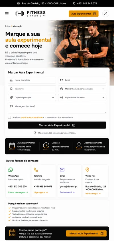 Website para ginásio e personal trainer – marcação de aula experimental em telemóvel