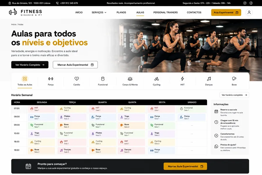 Website para ginásio e personal trainer – página de aulas e horários em computador