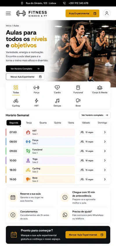 Website para ginásio e personal trainer – página de aulas e horários em telemóvel