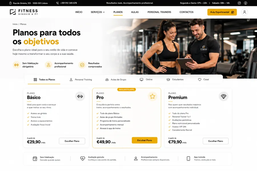 Website para ginásio e personal trainer – página de planos em computador
