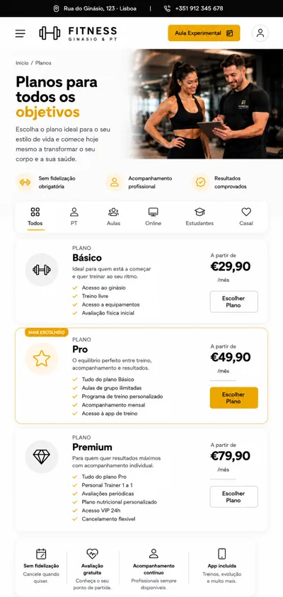 Website para ginásio e personal trainer – página de planos em telemóvel