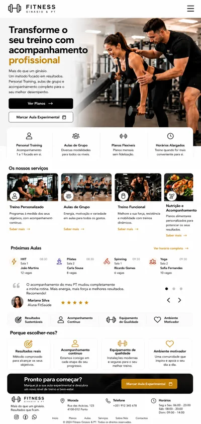 Website para ginásio e personal trainer – página inicial em telemóvel