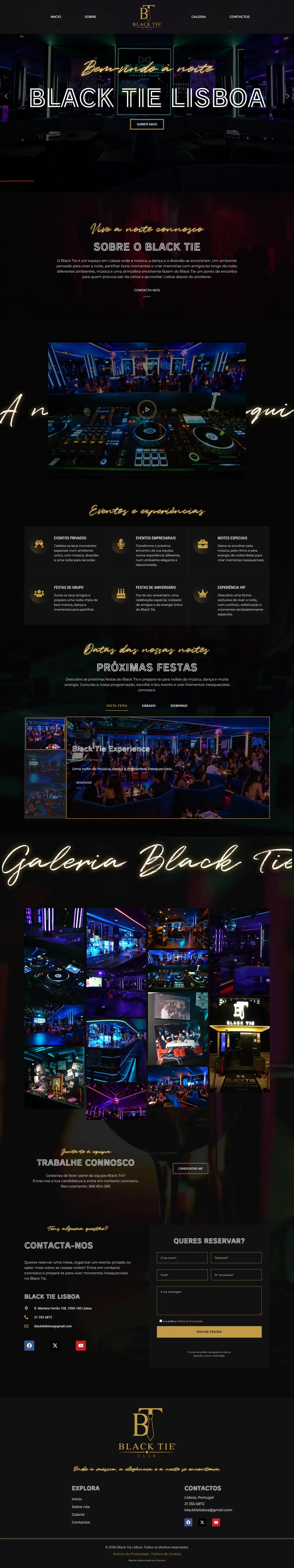 Página inicial do website Black Tie Lisboa com apresentação do espaço e chamadas para ação