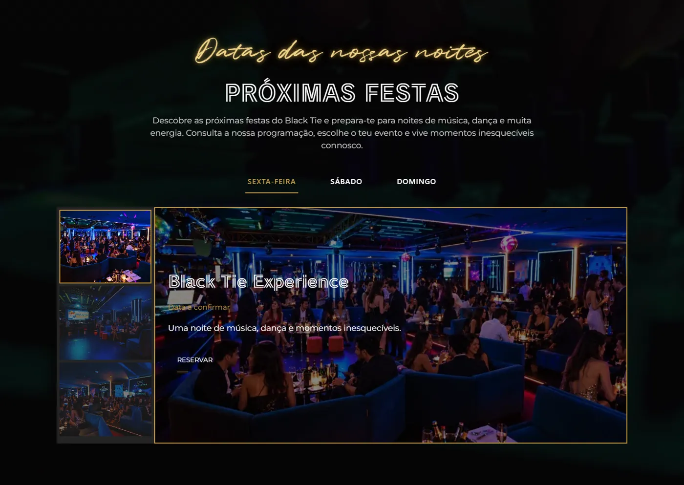 Secção de eventos do website Black Tie Lisboa com festas e experiências em destaque